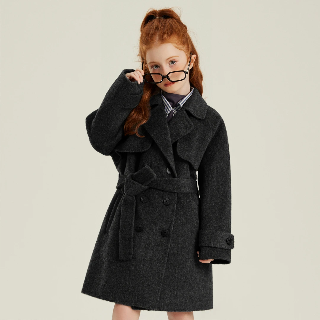 高端儿童双面羊毛呢大衣中长款纯手工女童羊毛大衣男童呢外套风衣