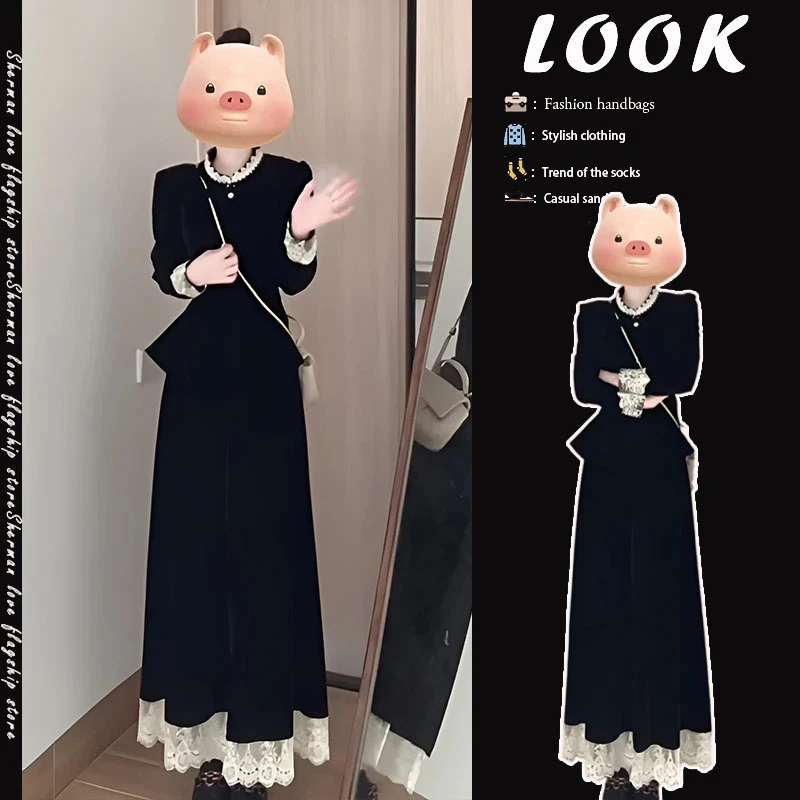 2025秋季新款法式复古立领蕾丝拼接丝绒上衣气质高腰半身裙两件套