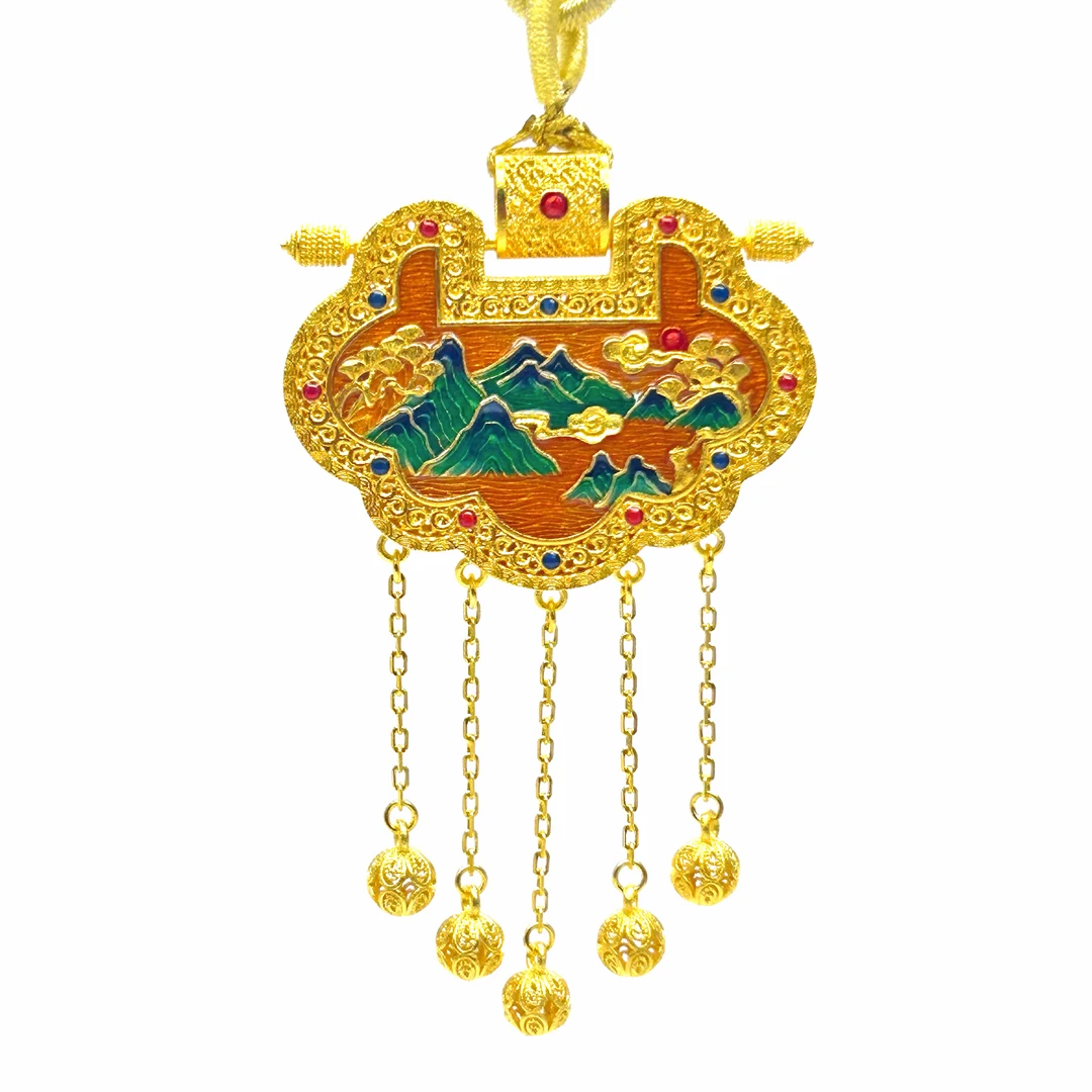 吊坠足银 足银铸厚金珐琅千里江山锁包吊坠