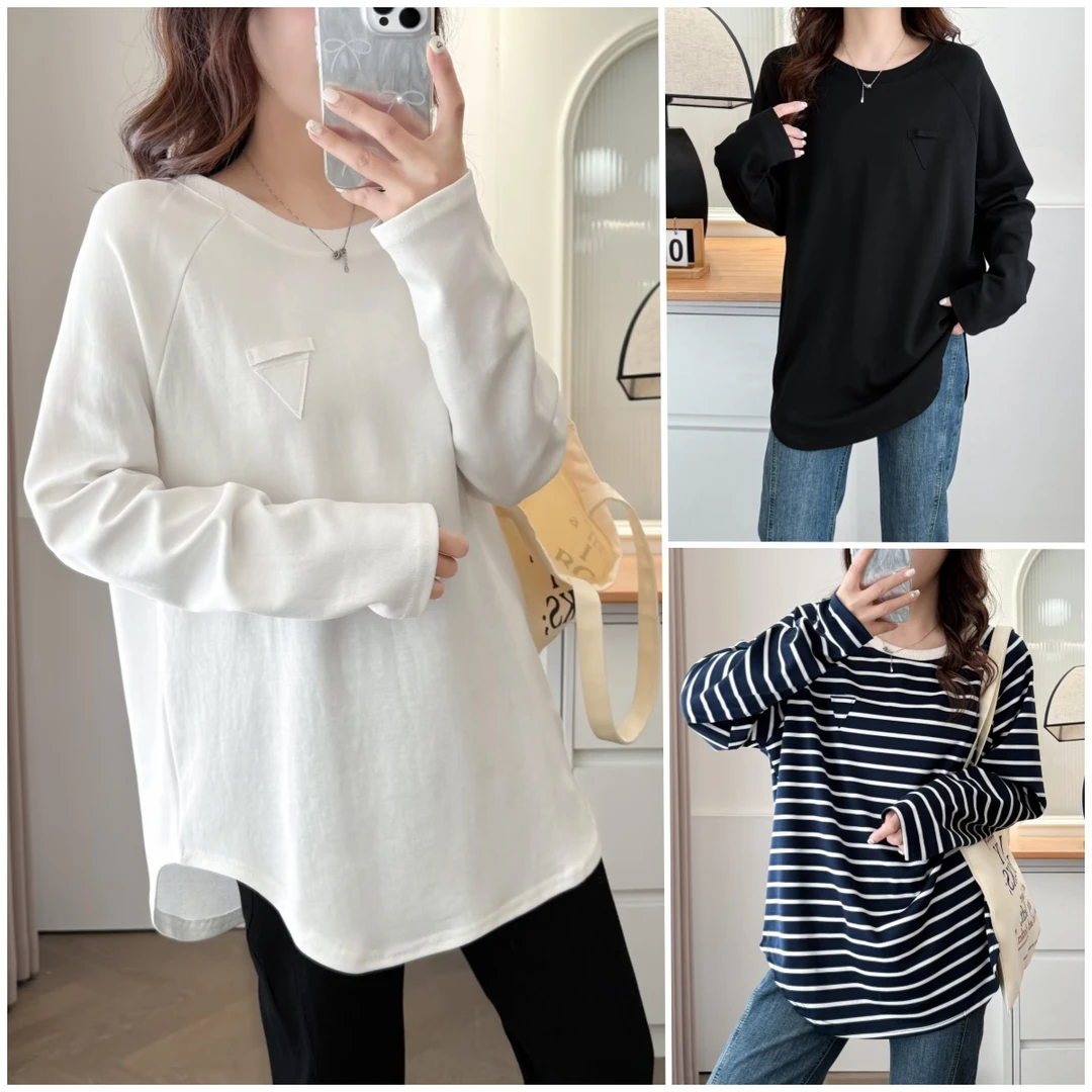 YANUJIAO/雅奴嬌大码春装休闲打底衫中长款宽松遮肚长袖白色T恤女