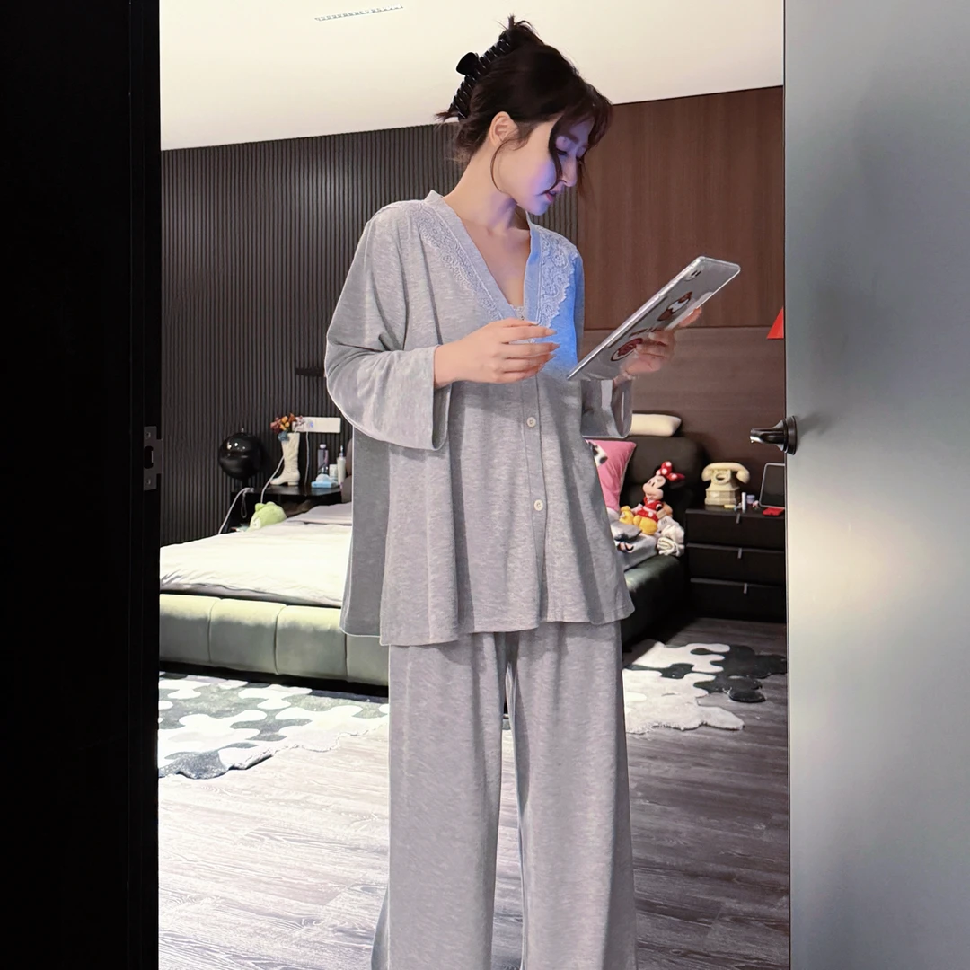 doubleoo秋冬女带胸垫家居服蕾丝三件套装开衫暖绒亲肤可外穿慵懒