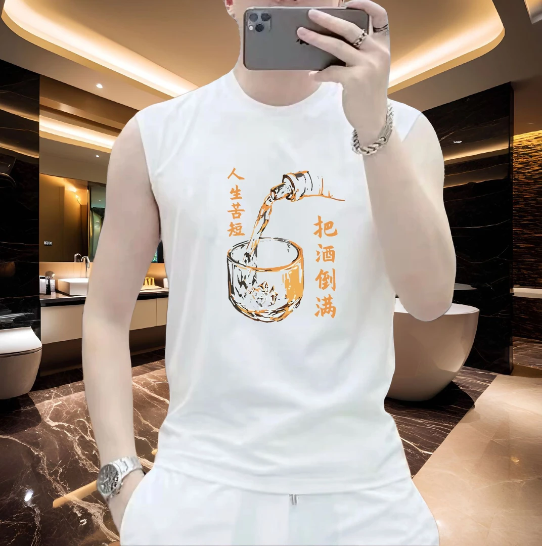 2025新款纯棉坎肩t恤男潮牌男士休闲运动圆领上衣轻奢ins印花T恤