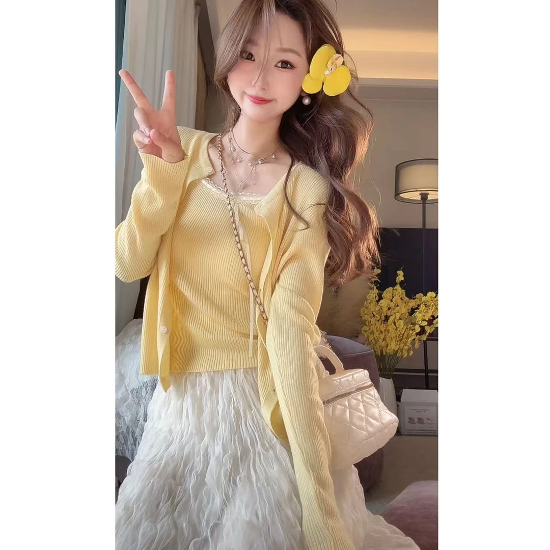 秋季慵懒风~少女氛围感 针织开衫套装 纯欲风 蕾丝蝴蝶结拼接