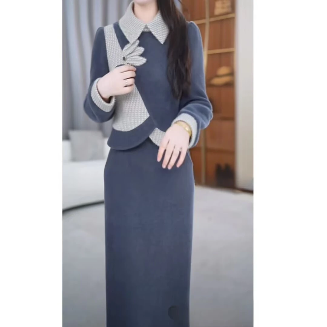 2025冬季新款时尚优雅休闲减龄气质通勤假两件中长款连衣裙M-4XL