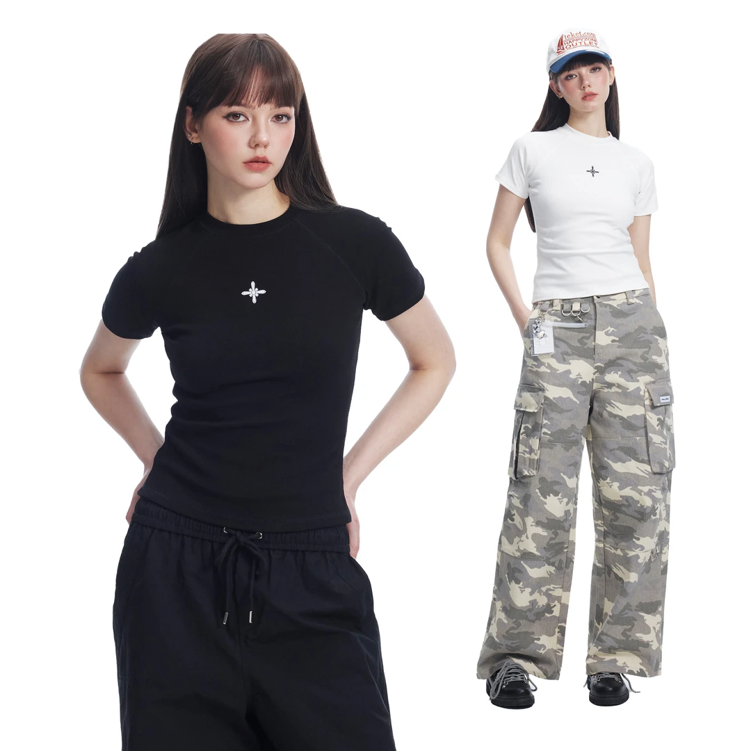 ZEXO辣妹正肩小领口短袖t恤女装夏季百搭显瘦半截袖高级感打底衫