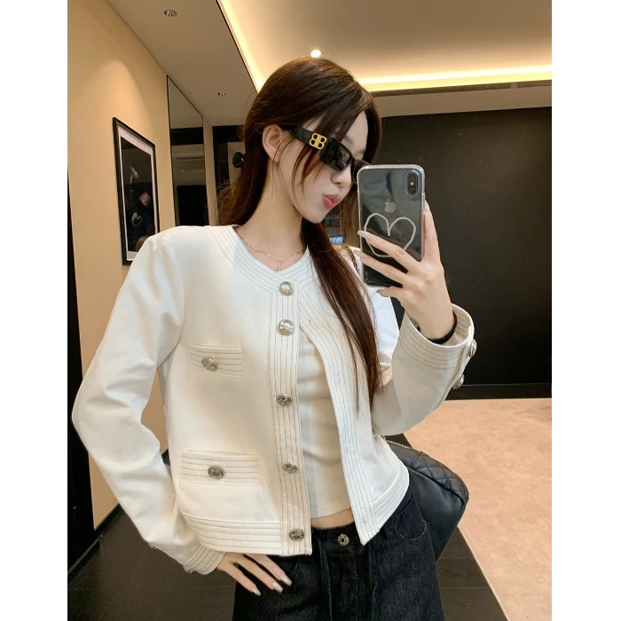 小香色明线圆领长袖外套女装秋季高级感休闲开衫宽松白色气质上衣