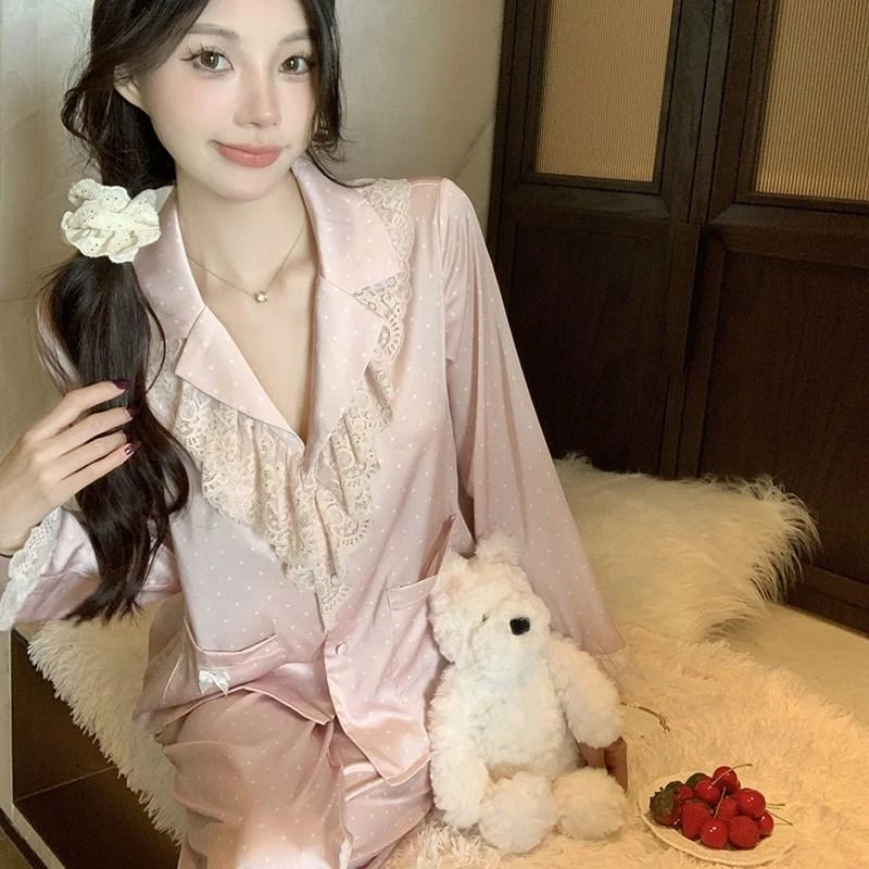 冰雪丝睡衣女春秋款长袖波点2024新款高级感家居服两件套装可外穿