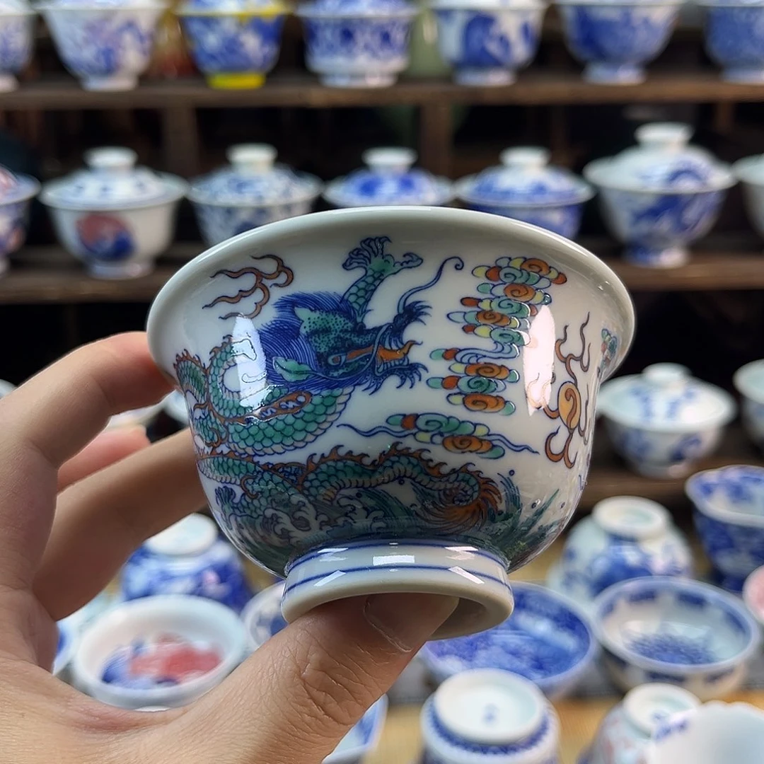 手工手绘斗彩双龙出海压手杯