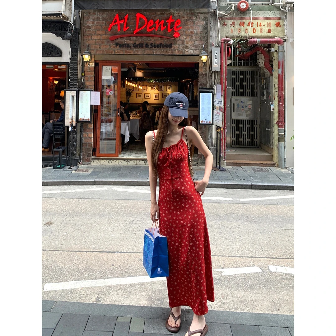 【红色花海】春季法式碎花沙滩气质显瘦收腰A字连衣裙261F0710