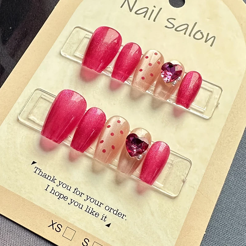 粉色闪光点160#纯手工穿戴甲ins显白裸色半手工猫眼美甲假指甲