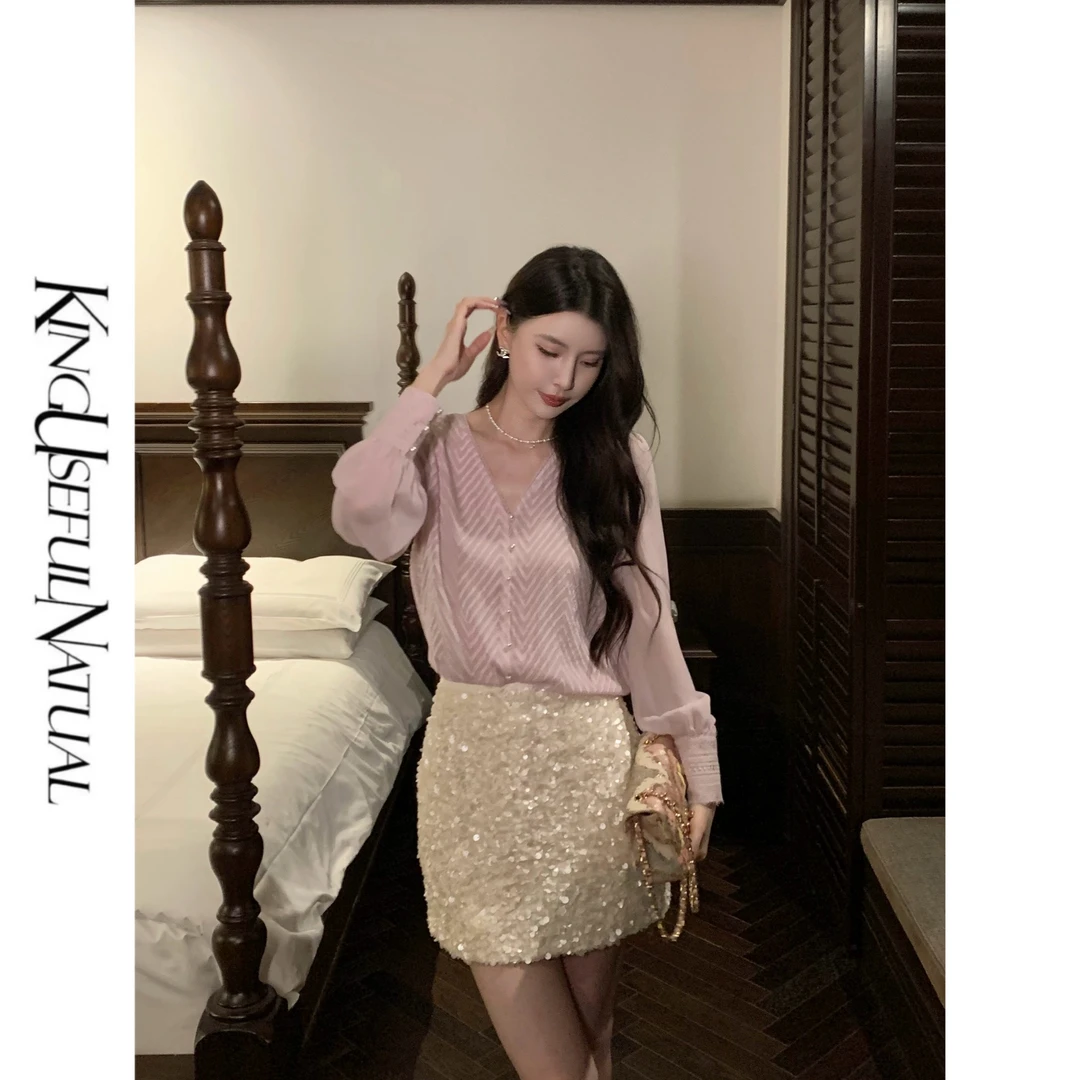 KUN【韩系欧尼】穿出知性 双色定染条纹剪花衬衫版型紫色上衣