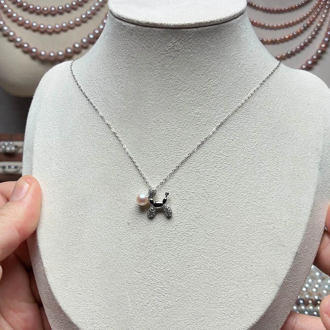 银S925镶嵌颈饰淡水珍珠卡 6 头档无核小狗吊坠