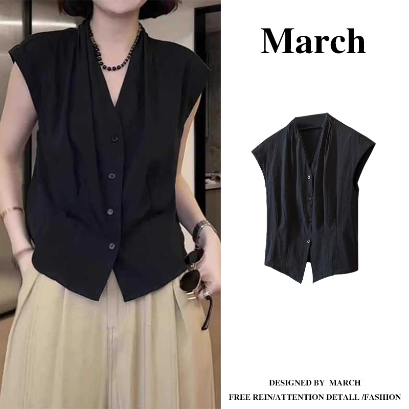 大码法式欧若风无袖衬衫女夏季新款胖mm显瘦遮肉百搭棉麻上衣5389