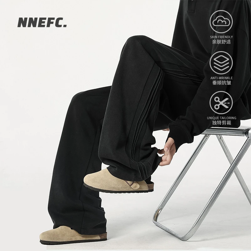 NNEFC黑色条纹水洗做旧休闲卫裤男休闲百搭直筒裤宽松阔腿长裤