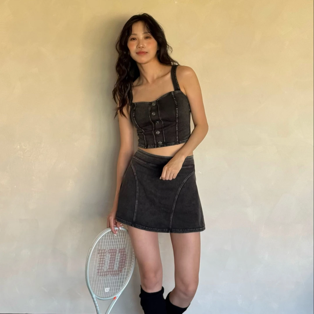 kokoyaya网球服牛仔套装仿瑜伽背心秋季短裙假两件半身裙防走光