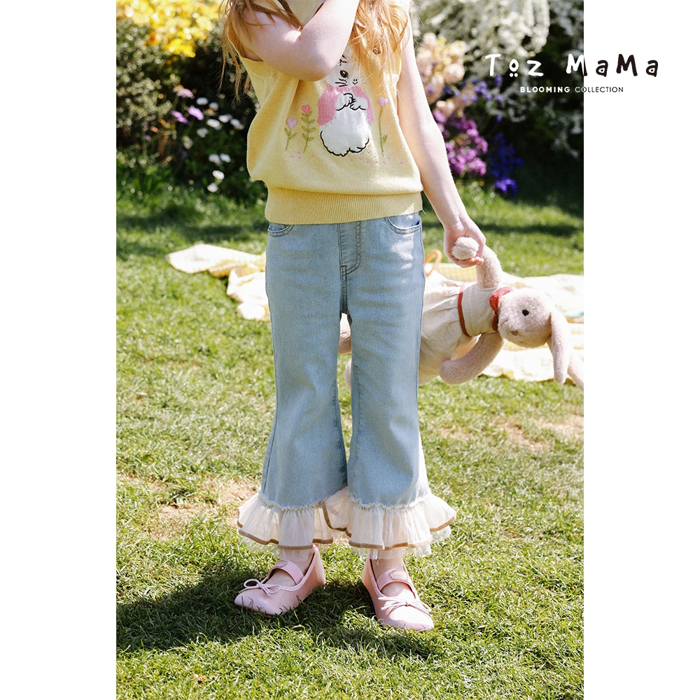 Toz Girls豆几妈4/07网纱花边脚口喇叭牛仔裤女童休闲裤夏季裤子