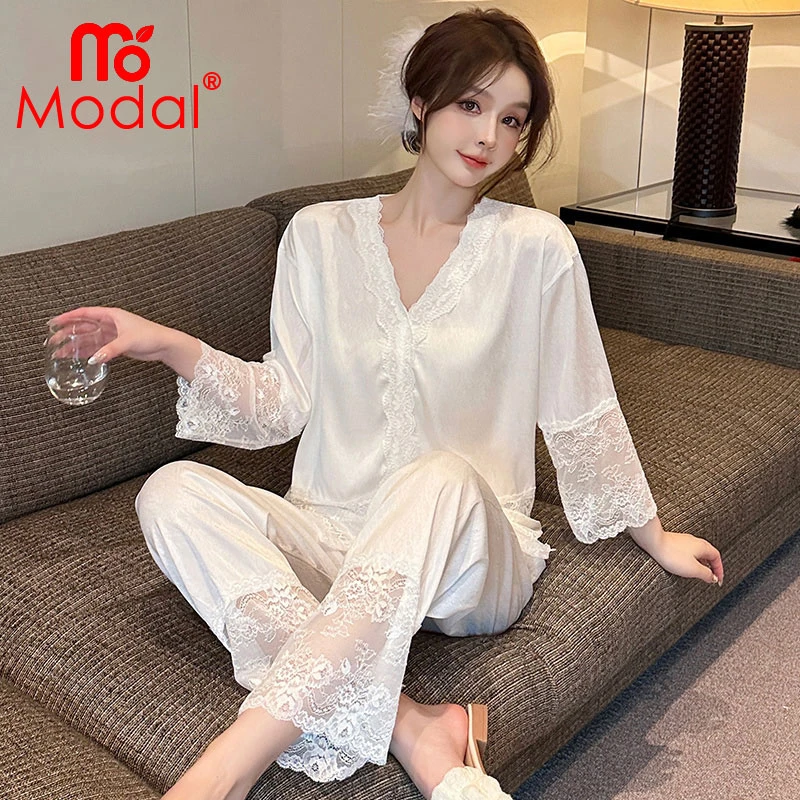 冰丝睡衣女2025新款春秋季爆款长袖高级感丝绸蕾丝性感家居服套装