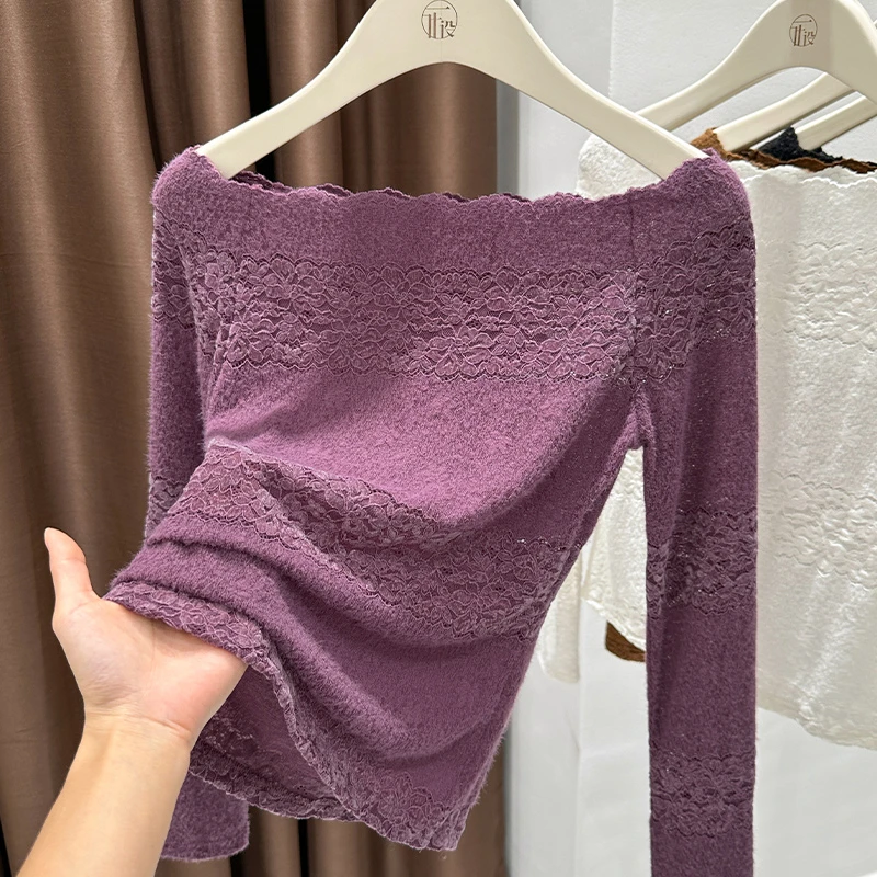 基础款精致勾花蕾丝衫一字领长袖打底上衣2025秋季新款柔软内搭