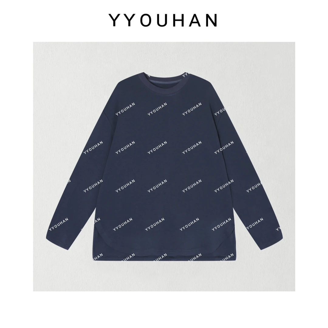 月月 2025冬季新款小众设计弧度开衩下摆纯色长袖T恤 2511C7604