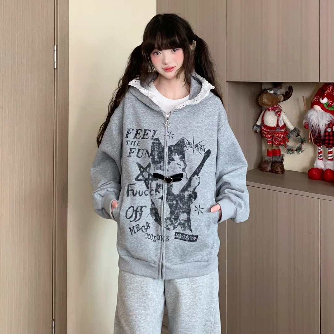 EZEK春季新款2025开衫连帽猫咪项圈猫咪帽檐蕾丝拼接百搭男女潮流