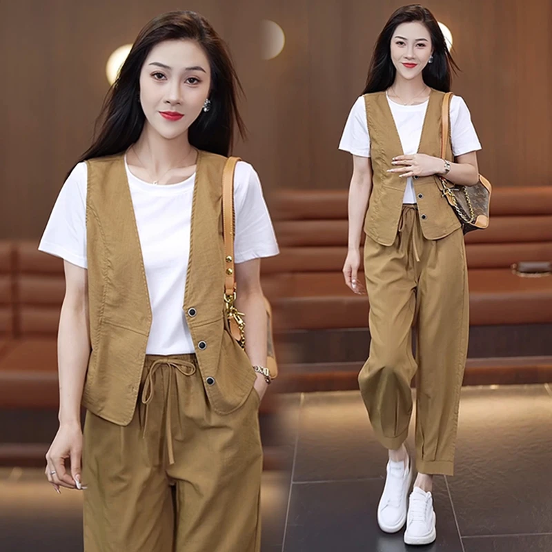 休闲时尚女士套装2025年夏季新款小个子洋气马甲高腰九分裤三件套