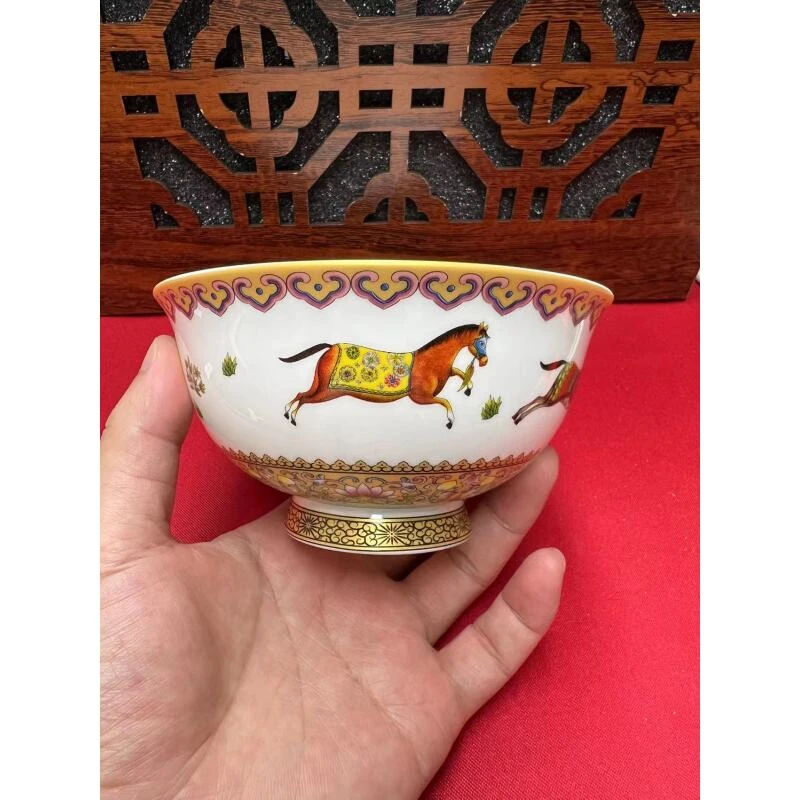 珐琅彩爱马仕4.5英寸陶瓷饭碗白瓷中式大碗金边米饭碗