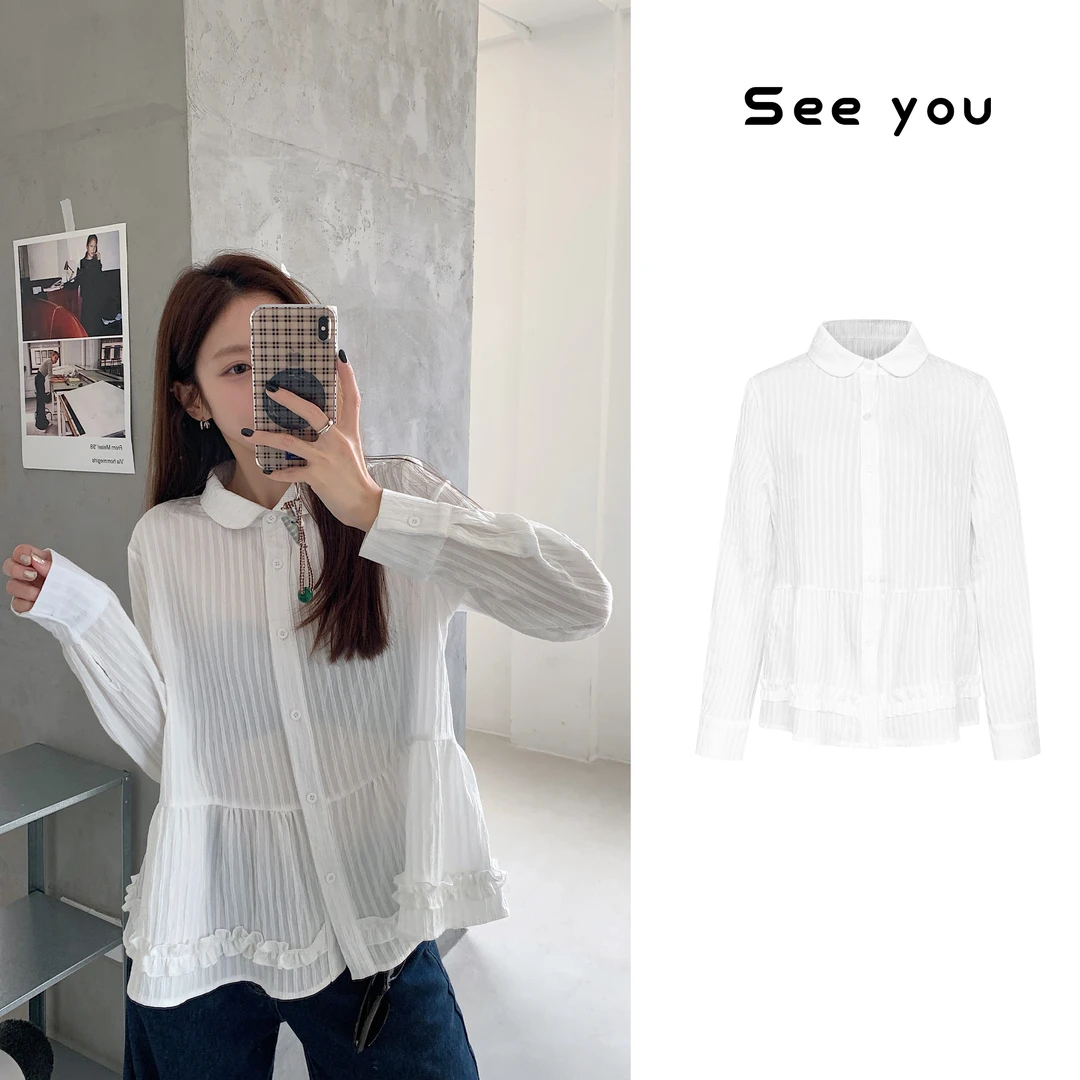 2025春季时尚百搭叠穿衬衫纯色减龄娃娃领花边长袖女休闲宽松z579