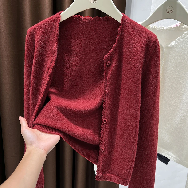 红色圆领花边设计感长袖针织披肩秋季新款宽松防晒开衫薄款小外搭