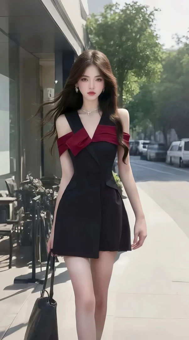 优雅高端大气法式温柔黑色V领拼接露肩连衣裙轻奢时尚高级氛围感