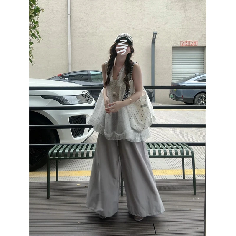 2025新款女士春夏季慵懒风休闲宽松无袖衬衫上衣高腰休闲阔腿裤