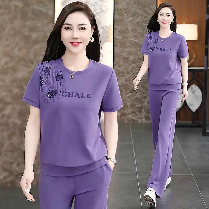 运动套装女夏季2025新款时尚刺绣跑步服休闲装慵懒圆领卫衣两件套