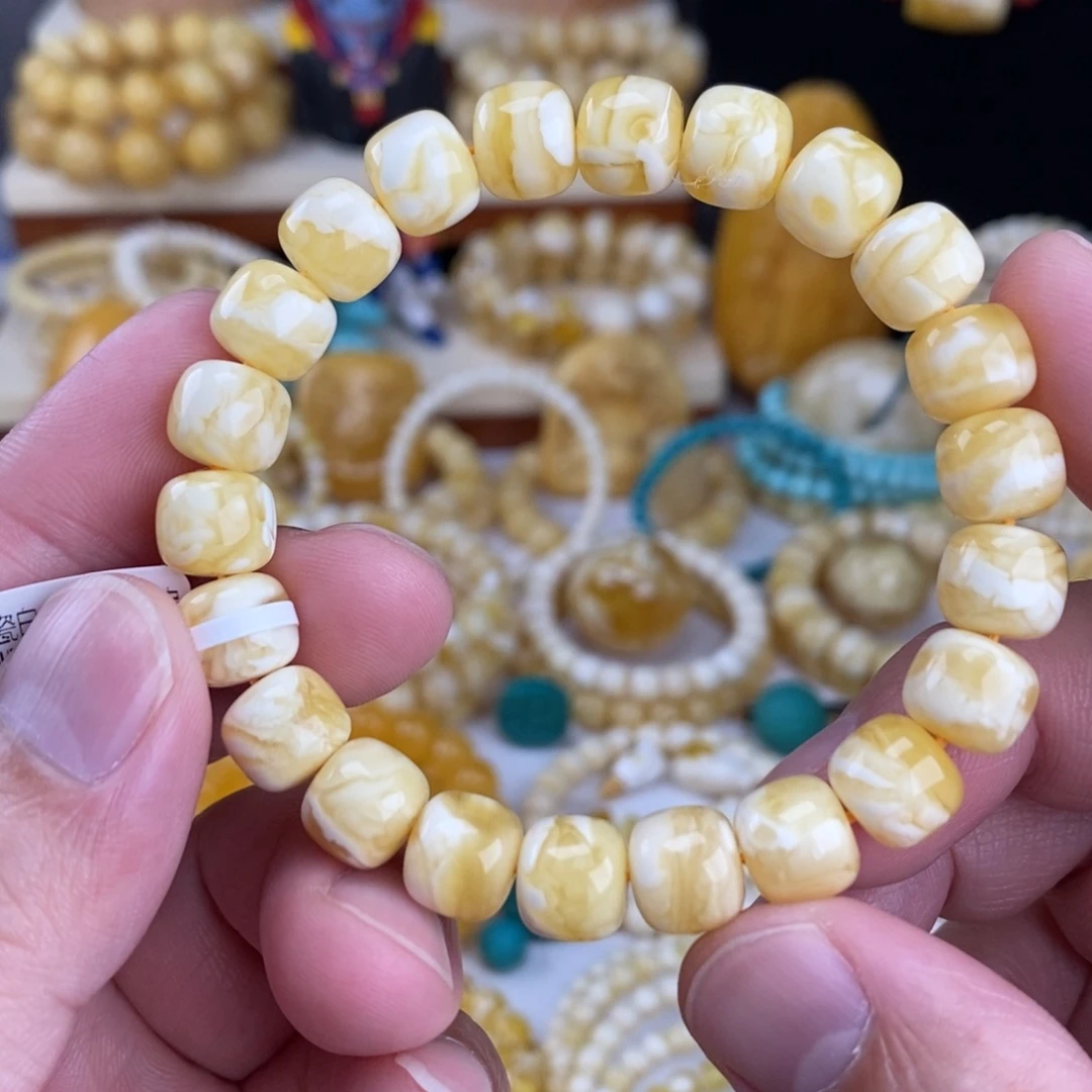 蜜蜡未镶嵌手链瓷白细纹虎皮纹10mm