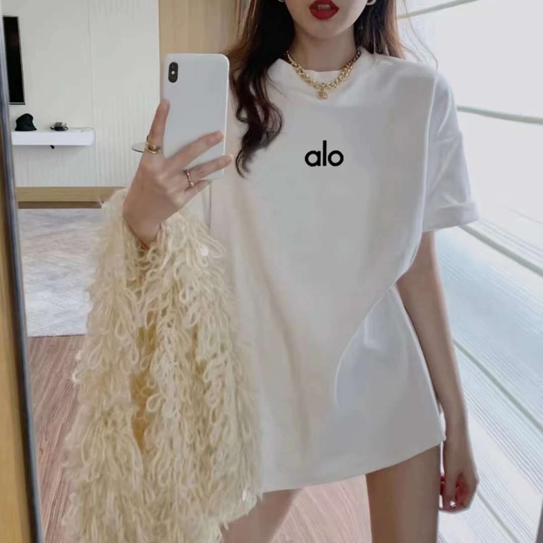 alo纯棉T恤夏季圆领印花短袖半袖宽松型白色美式白T男女情侣同款