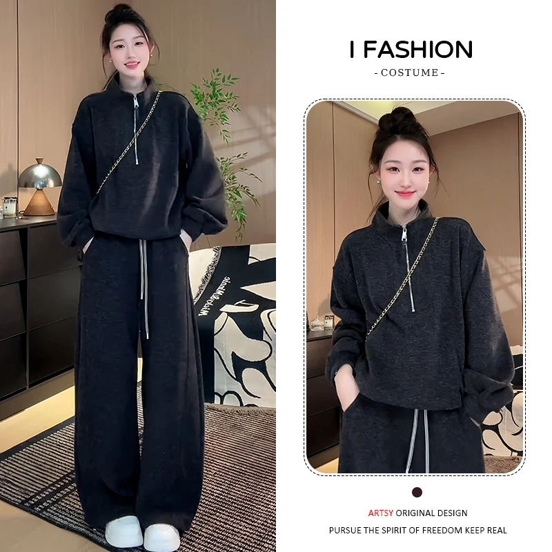 加绒加厚时尚保暖套装女2025年冬季新款简约马甲卫衣阔腿裤三件套