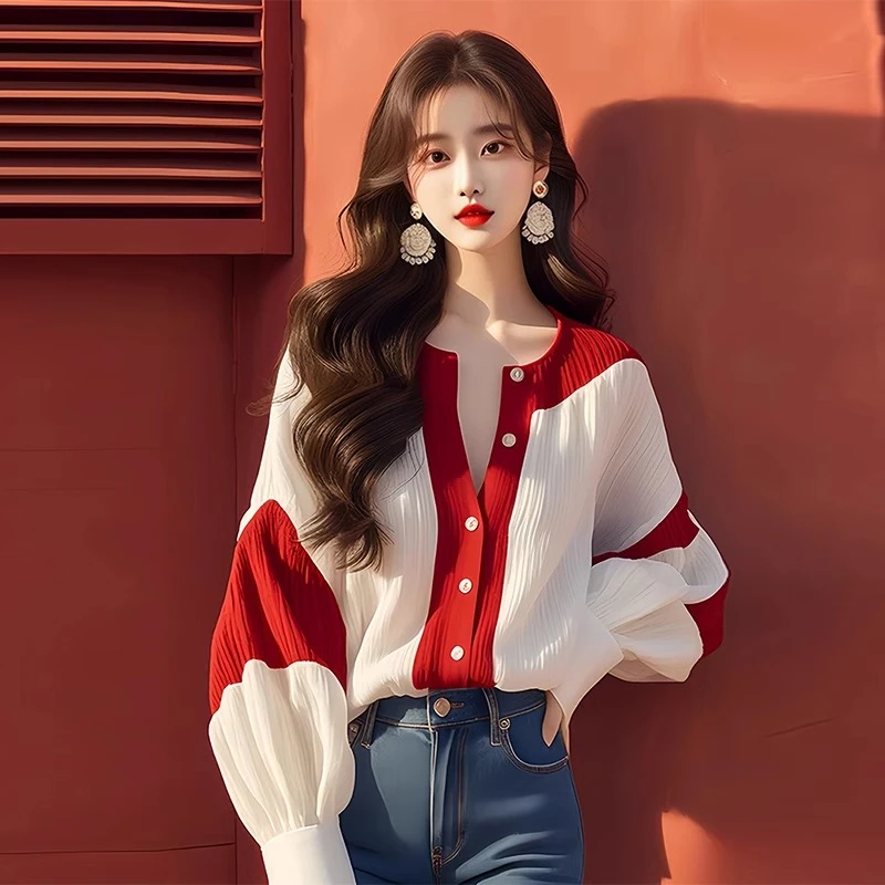 红白撞色灯笼袖雪纺衬衫2025早春新款法式轻奢高级感别致上衣女装