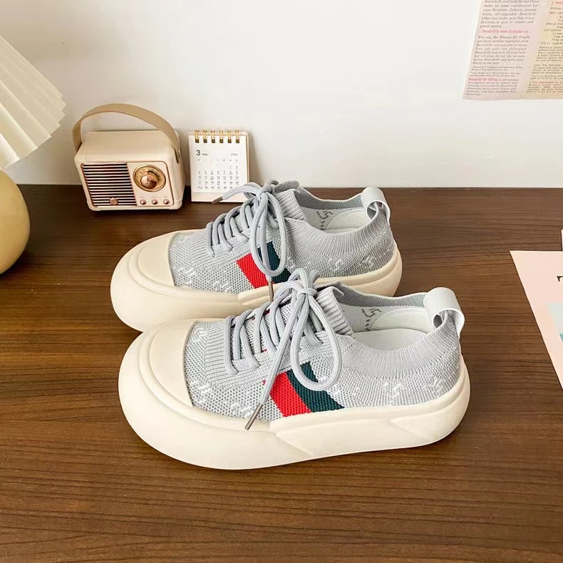 K834灰色飞织网面厚底女鞋2025夏季新款透气运动小白鞋潮流板鞋女