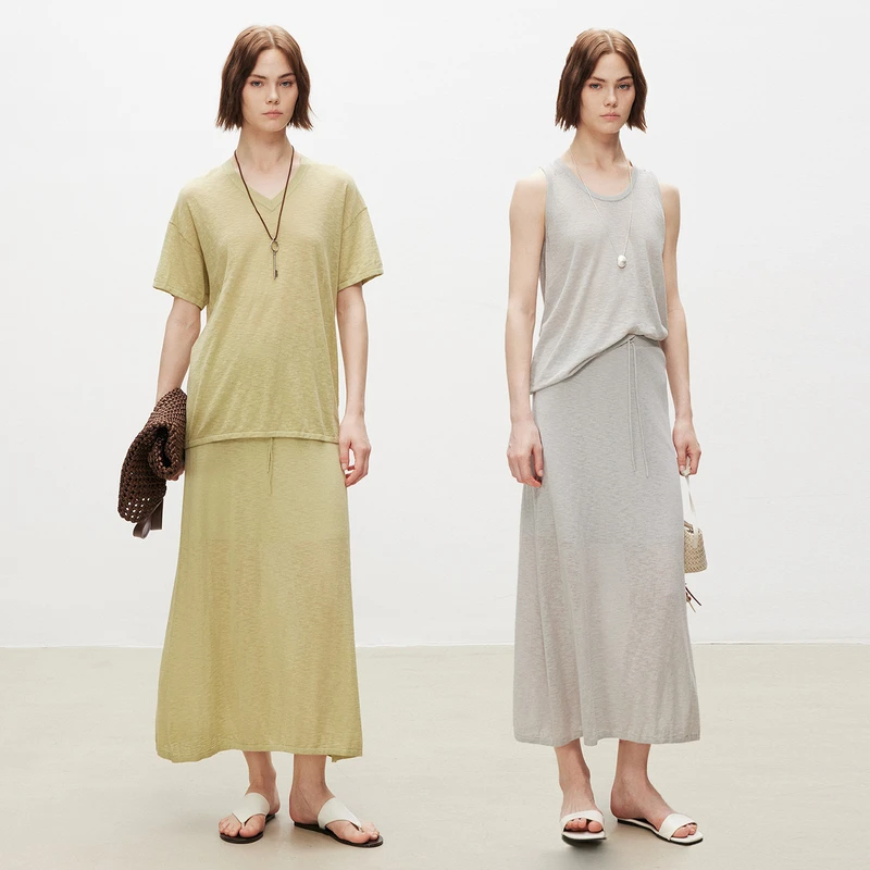 MARIUS"轻氧套"亚麻纱线竹节感宽松针织衫V领T恤勺领背心半裙