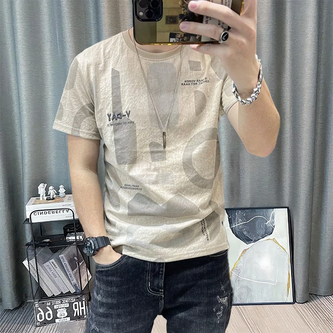 男士时尚短袖t恤2025网红薄款圆领休闲百搭印花宽松半袖体恤上衣