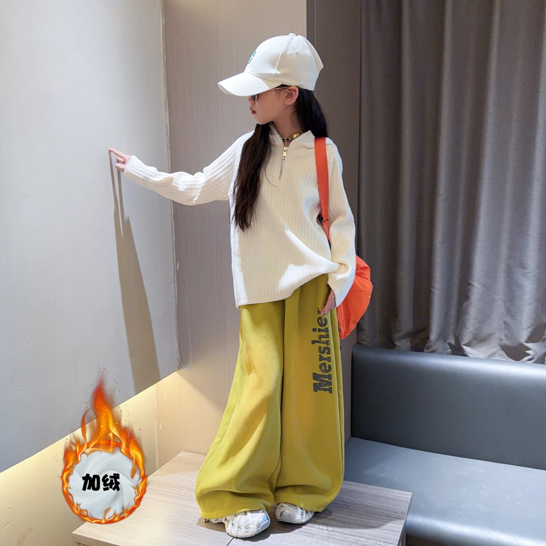 女童复古加绒卫裤2025秋冬新款儿童休闲阔腿裤大童嘻哈爵士舞裤子