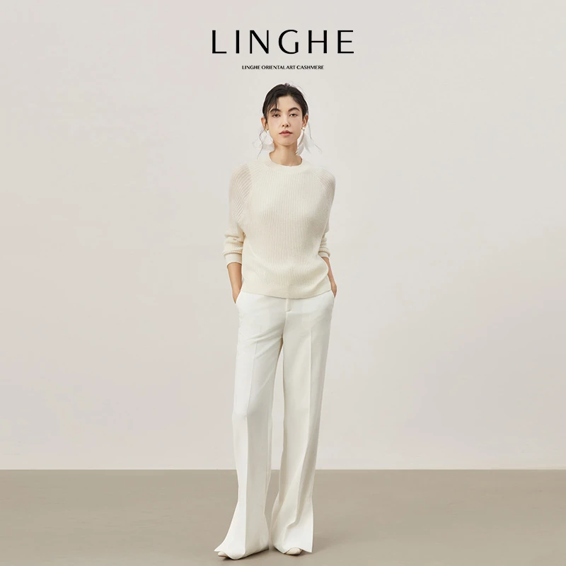 翎禾LINGHE-「彩想」一字领长袖时尚宽松竖条纹羊绒针织套头衫上衣