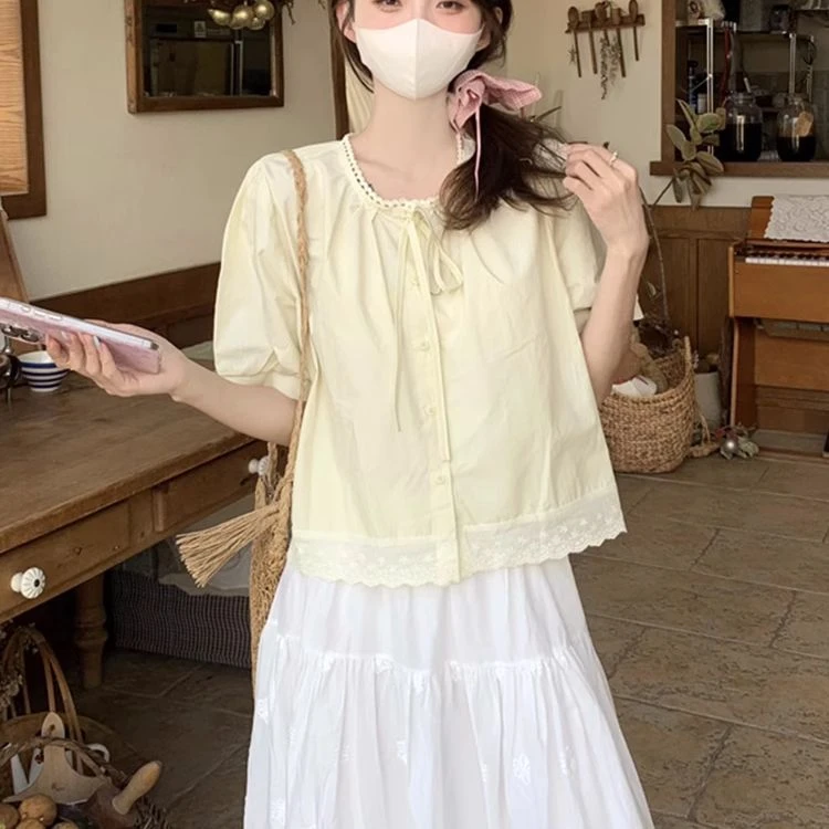 韩系清新拼接花边系带衬衫女2025夏季新款遮肉显瘦时尚衬衫上衣