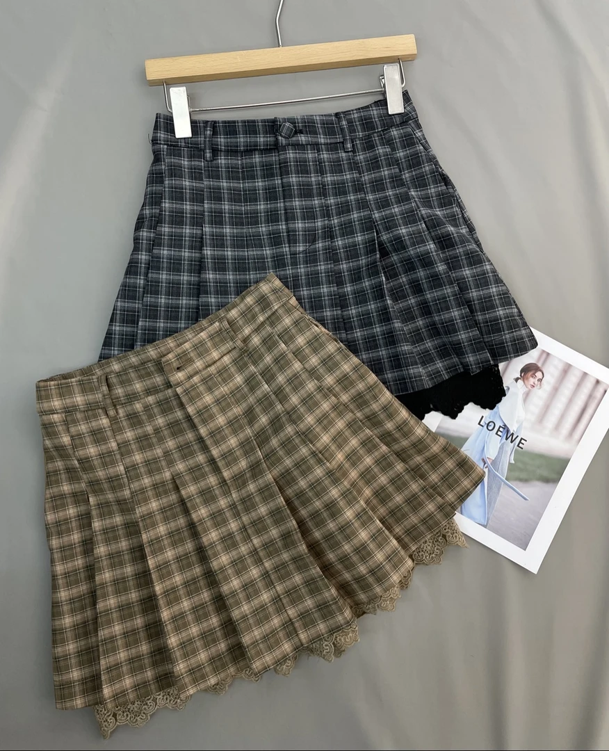 19105两色格子撞色设计蕾丝半裙百褶裙