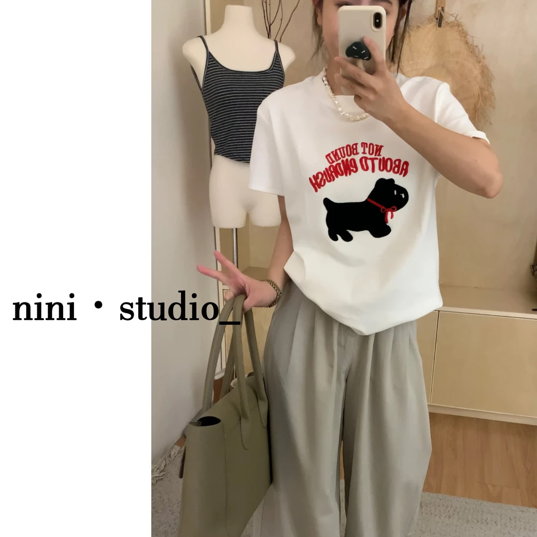 nini·早春重工磨毛刺绣字母小狗韩系简约短袖