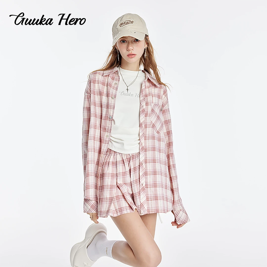 GUUKA HERO粉色方领格子长袖衬衫女美式辣妹防晒宽松衬衣百搭上衣