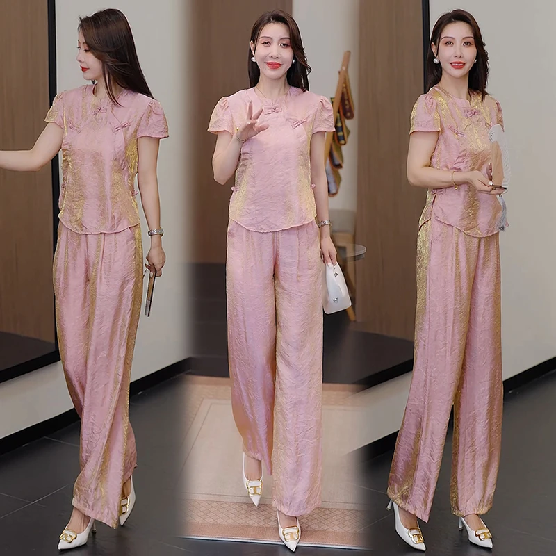 2025新中式轻熟风法式休闲风时尚套装上衣阔腿裤中式夏季