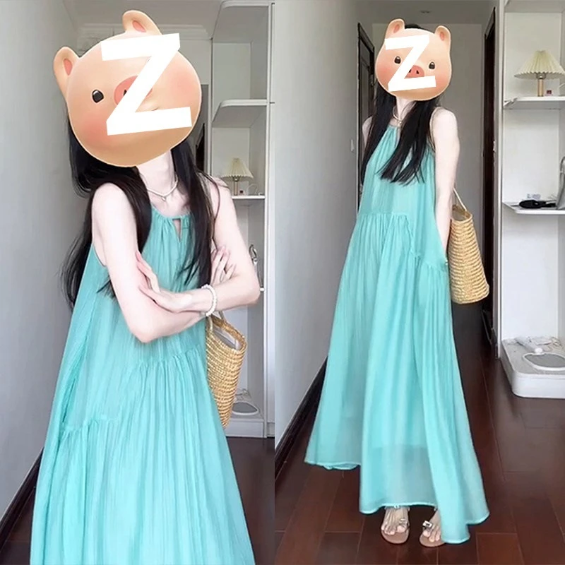 法式镂空吊带宽松女夏季海边度假风沙滩裙褶皱慵懒松弛感长裙子