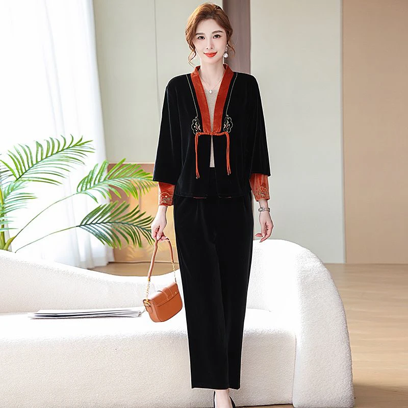 8120中老年妈妈春秋新中式金丝绒洋气高贵上衣套装