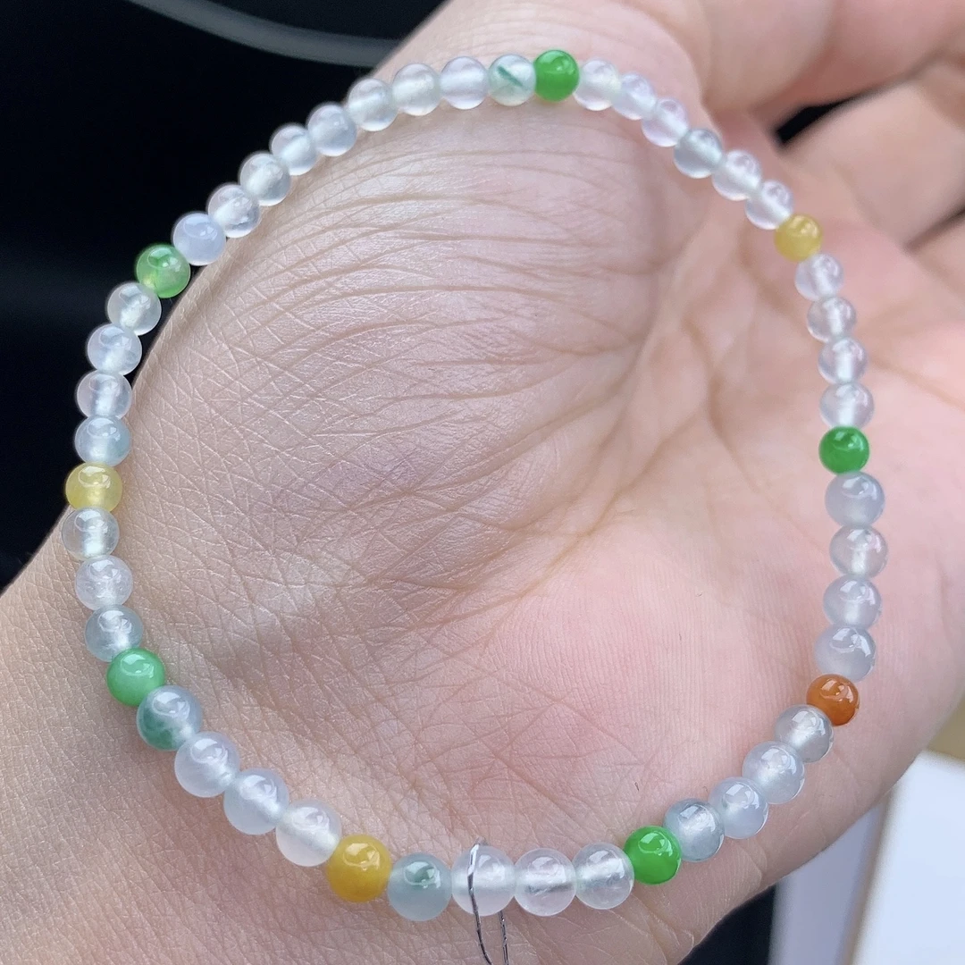 缅甸A货翡翠冰种白冰多宝小米珠圆珠手链手串T/3.8mm