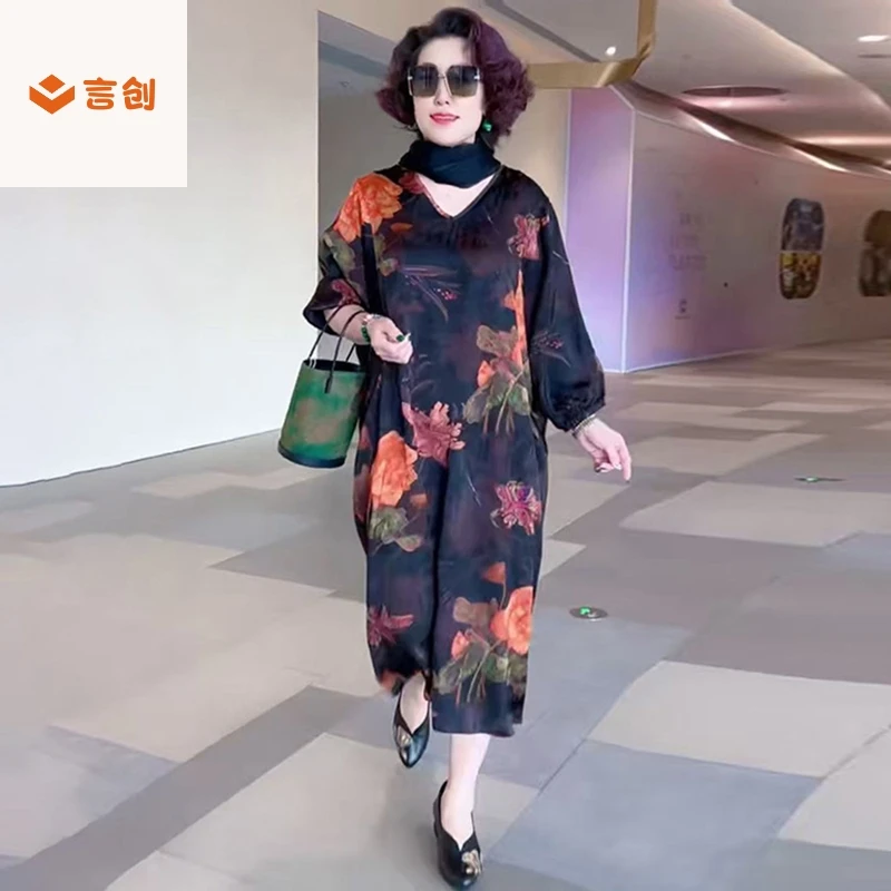 318短袖加肥原创设计夏季新款重磅提花时尚印花V领宽松显瘦连衣裙