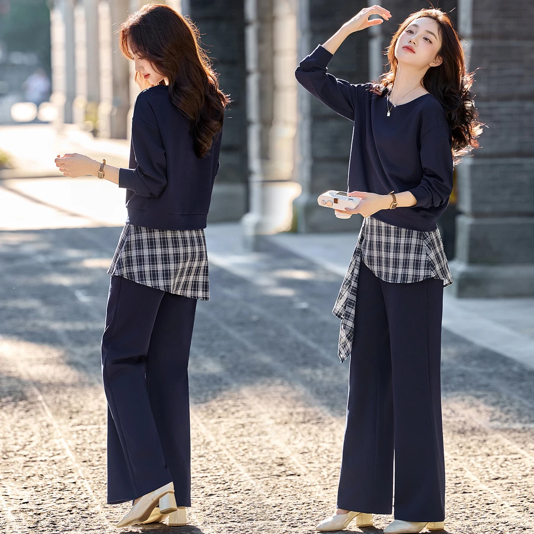 格子拼接卫衣两件套女装2025早秋季新款爆款长裤子穿搭减龄一整套
